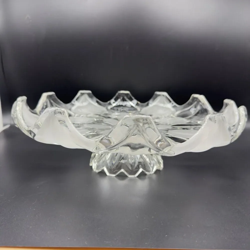 Vintage Bohemian Czech Crystal Cake Stand Frosted Clear Petal Pedestal Plate 12